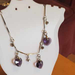 11" Silver Tone Purple Glass Heart Charms Anklet